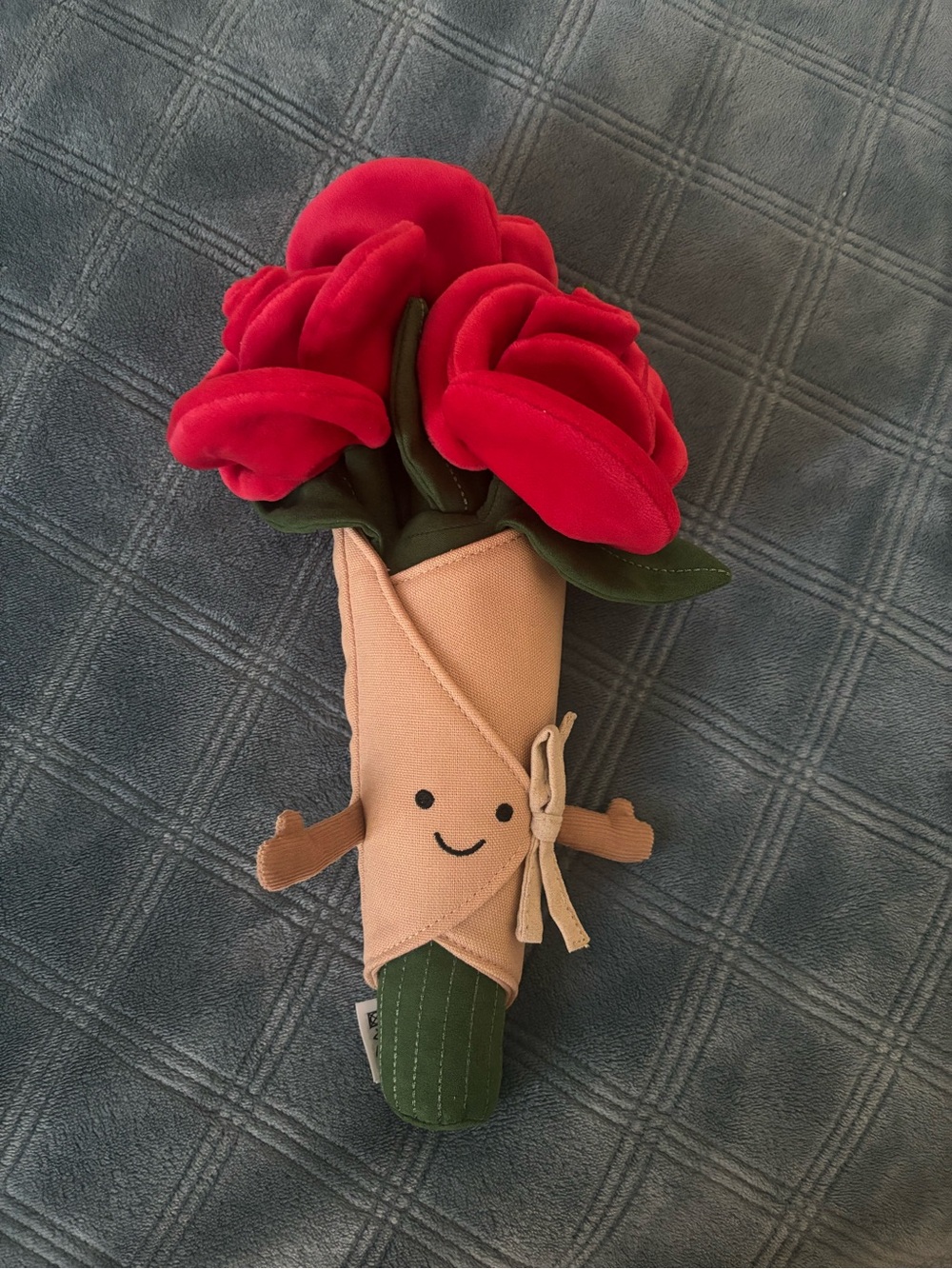 Jellycat Red Plush Rose Bouquet Toy with Green Leaves and Tan Wrap